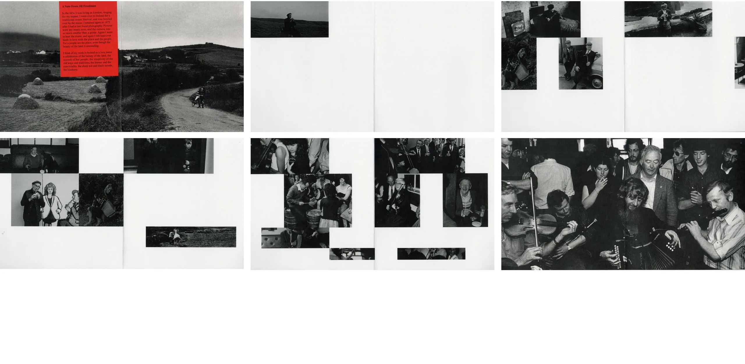 Spreads from the Abbey Reel Pt1 photo book: black and white photographs of the Irish landscape and pub musicians, with a red note from Jill Freedman