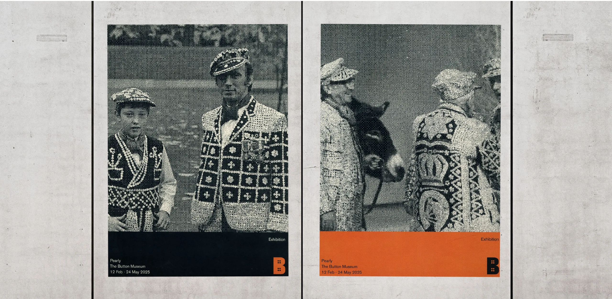 Two halftone exhibition posters for The Button Museum featuring Pearly Kings, one black and one orange