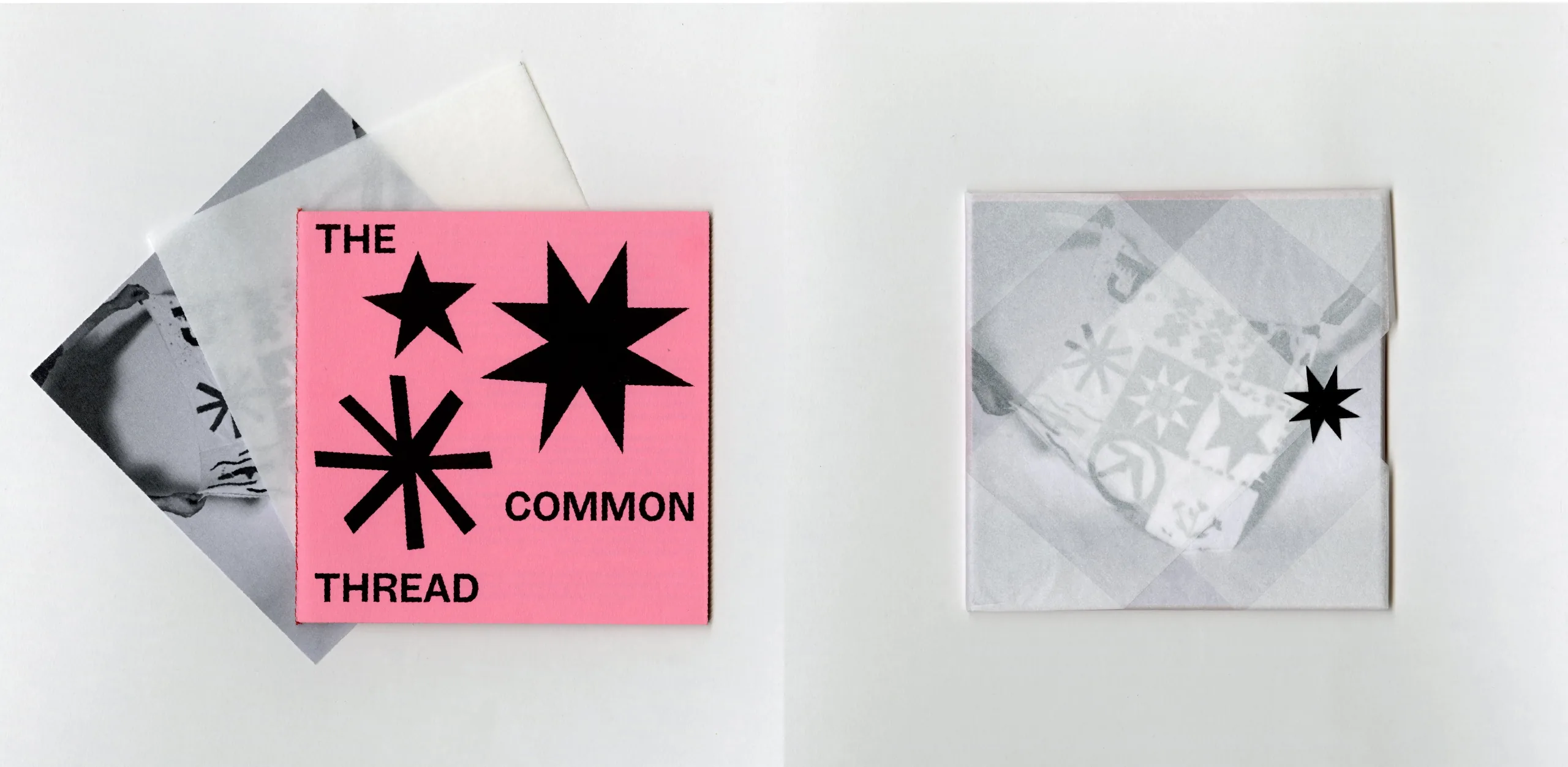 The Common Thread: pink machine-sewn booklet with black stars, and its translucent quilt-pattern wrap