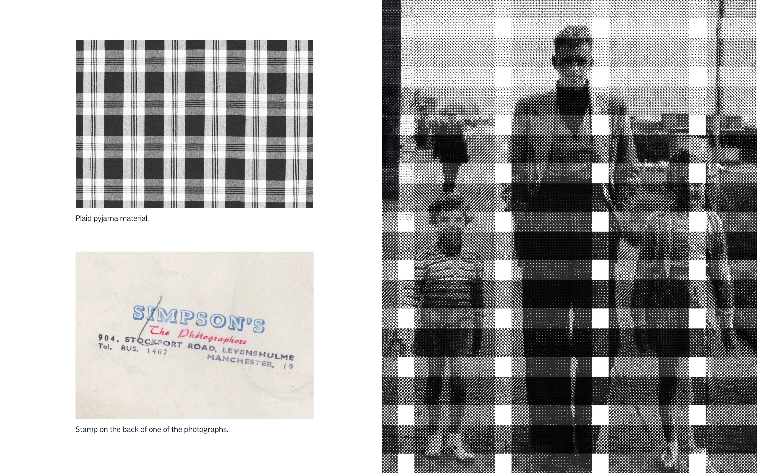Plaid pyjama material and the stamp on the back of one of the family photographs