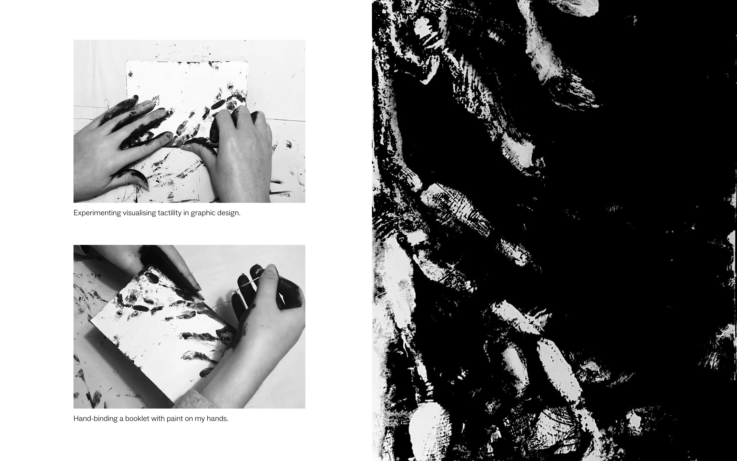 Experiments visualising tactility, and hand-binding a booklet with paint-covered hands