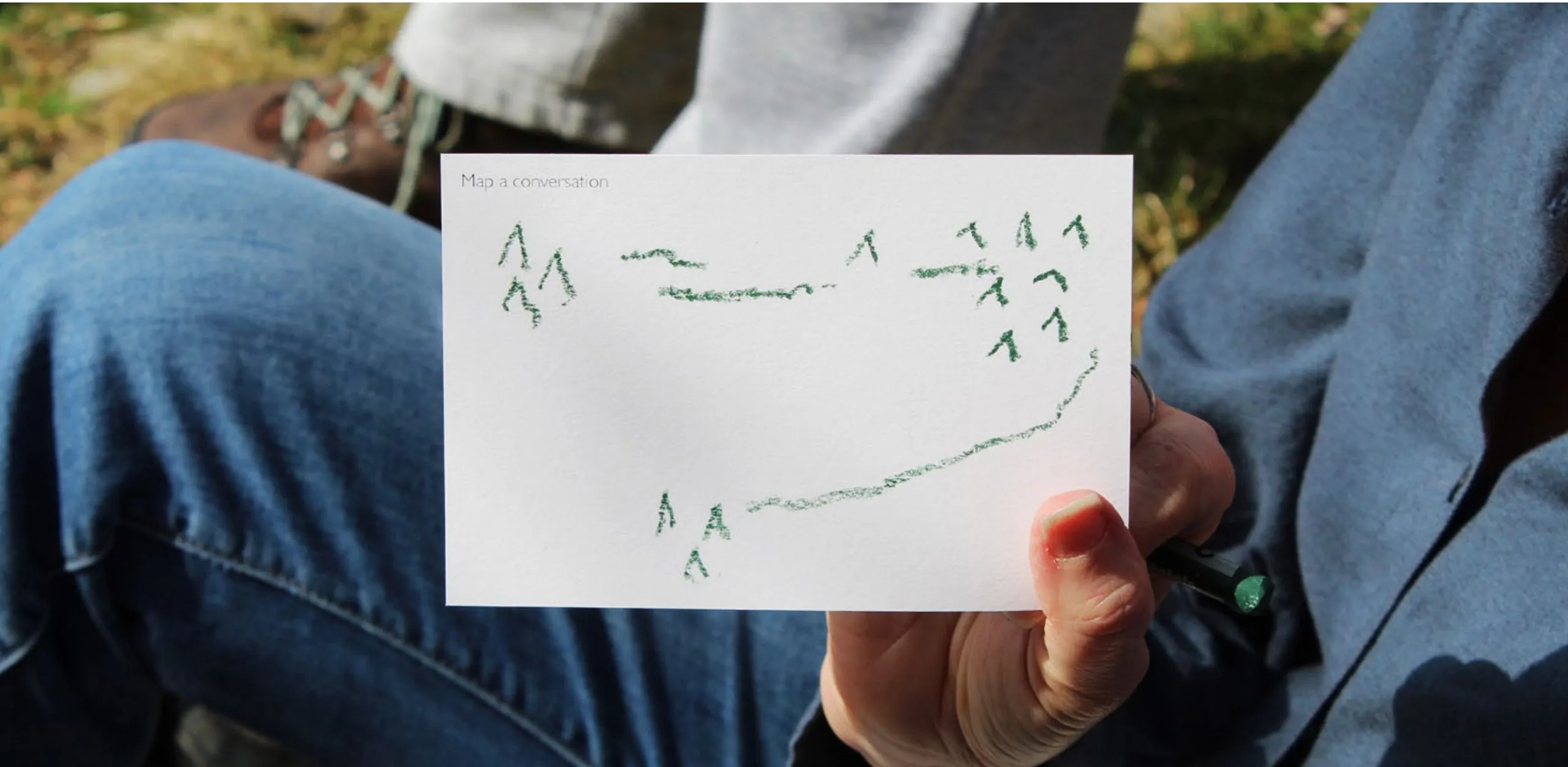 Participants' hands holding prompt cards from the Map the Moment walking workshop