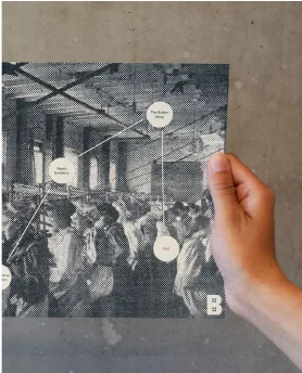 A hand holding a halftone printed poster for The Button Museum