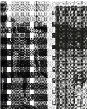 Halftone plaid pattern layered with an archival family photograph